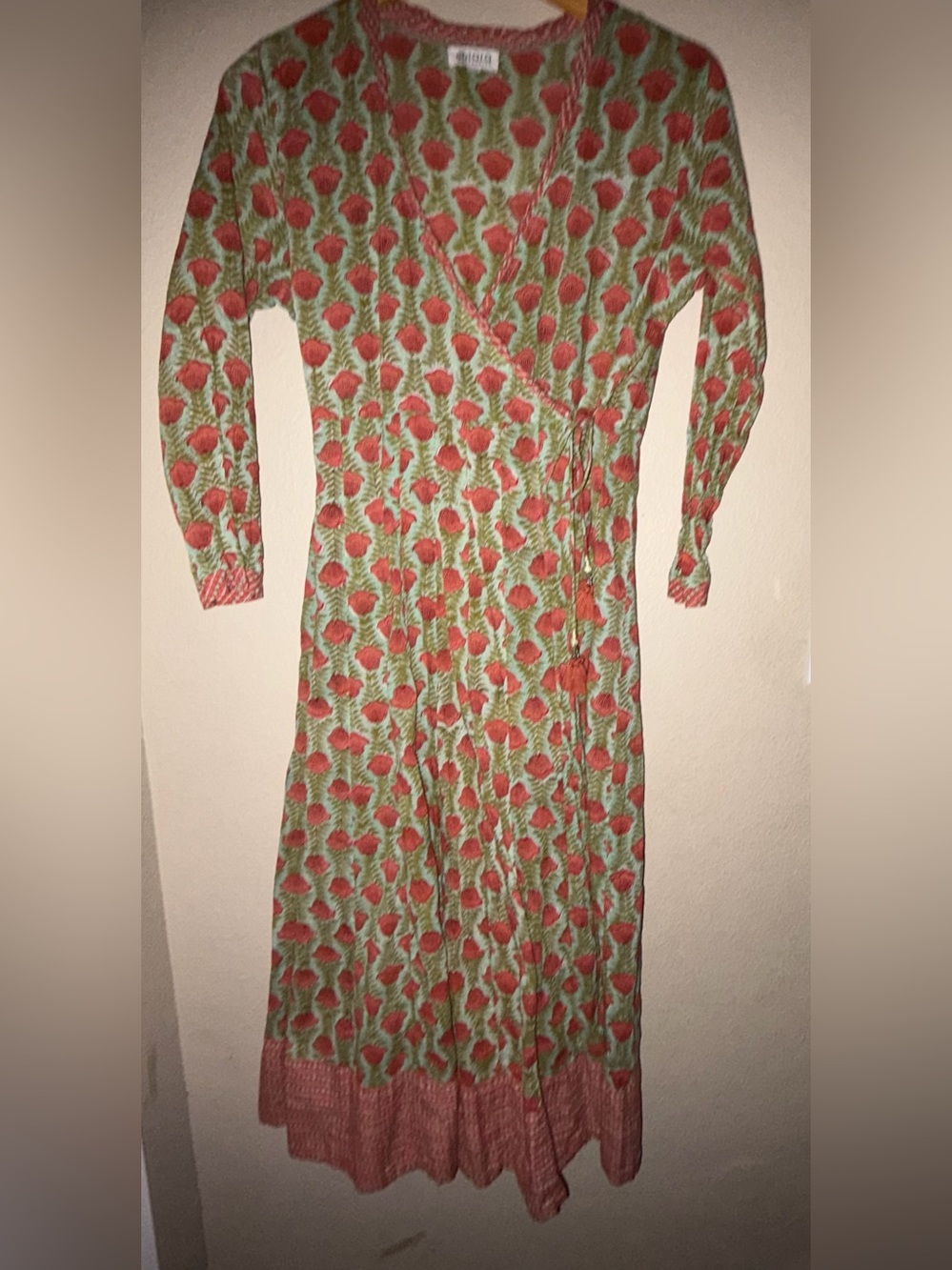 LALA Fashion Floral Print Maxi Wrap Dress Made in India in Green/Coral Size L/XL